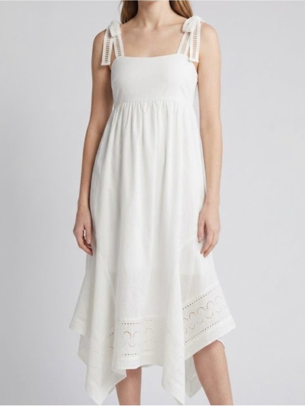 Moon River White Handkerchief-Hem Midi Dress with Tie Straps